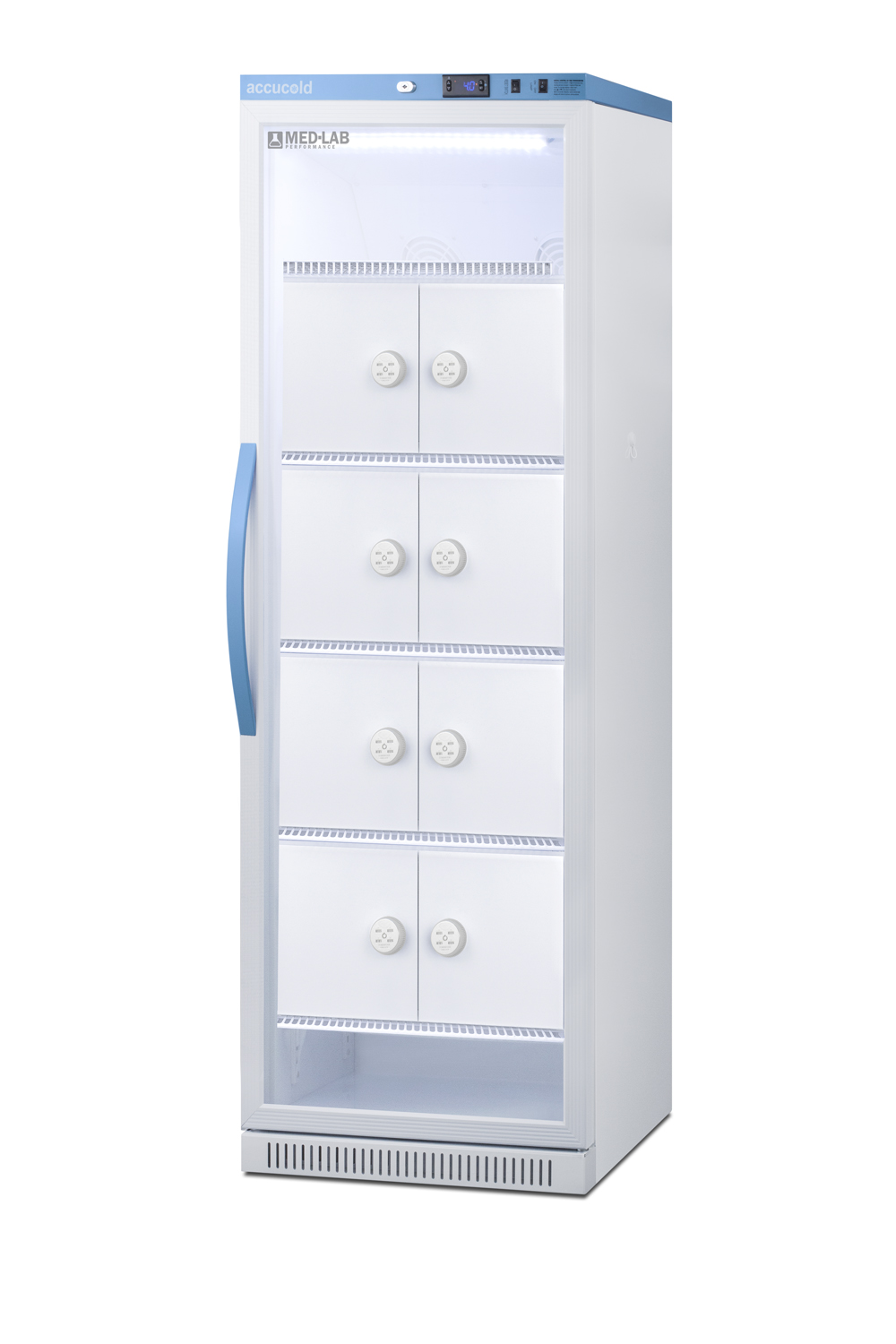 Performance series Med-Lab 15 cu.ft. upright glass door all-refrigerator with 8 interior lockers, with antimicrobial silver-ion handle and hospital grade cord with 'green dot' plug